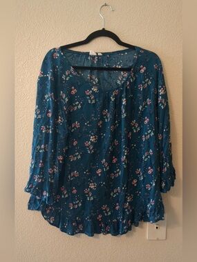 Gap floral ruffle blouse size xl feminine Floral Teal Scoop Neck Women’s Blouse